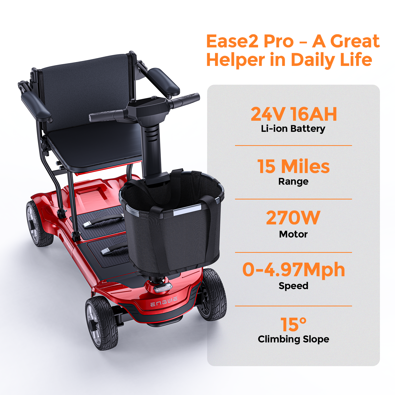 Scooter elettrico rosso con cestino anteriore e specifiche del prodotto.