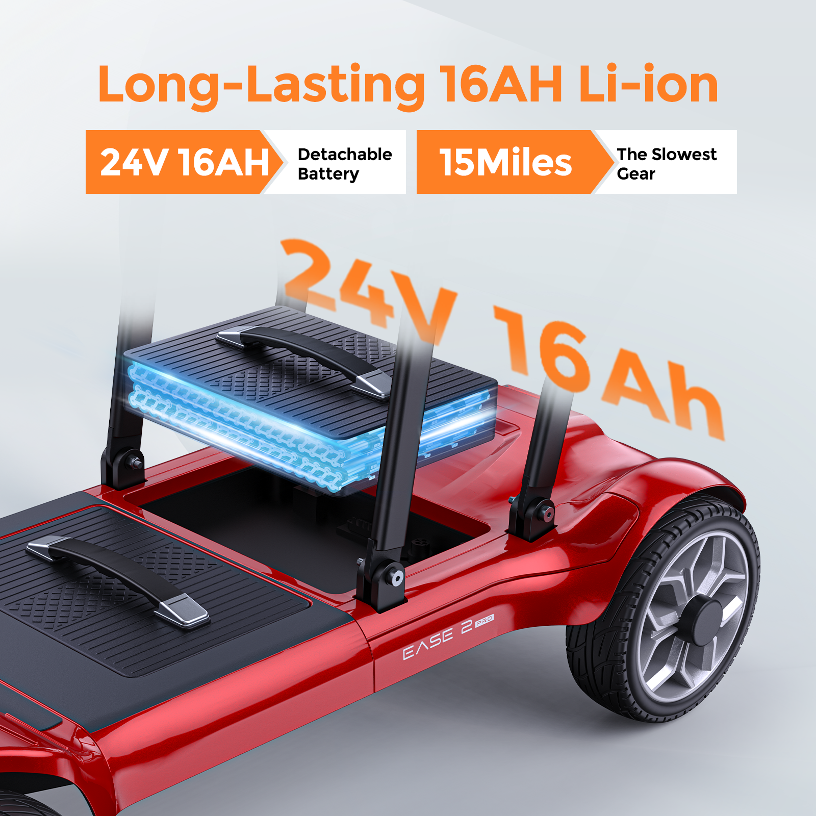 Monopattino rosso con batteria agli ioni di litio da 24V 16Ah e grafica testuale.