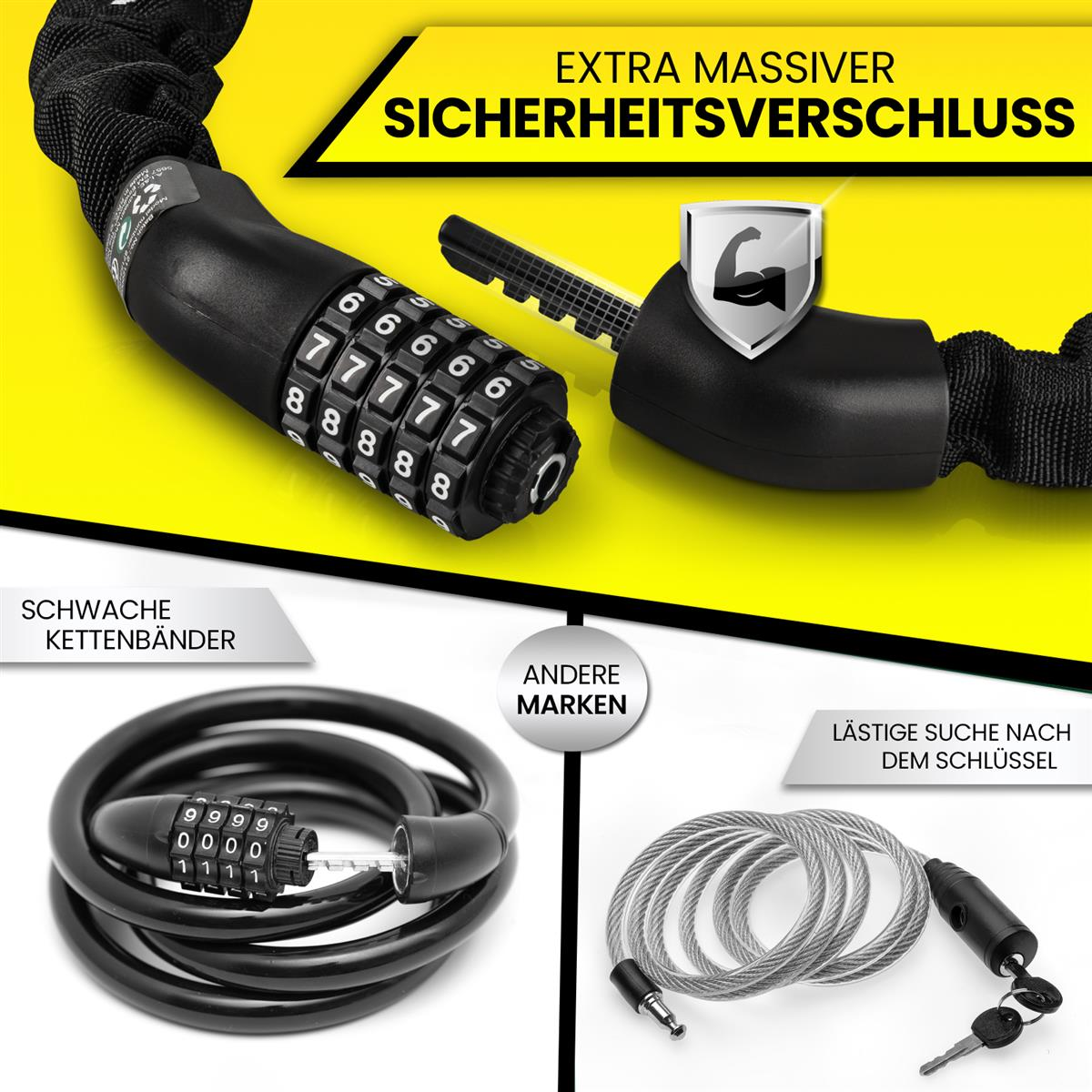 Vergleich von einem massiven Kettenschloss mit anderen schwächeren Kettenschlössern auf gelbem Hintergrund.
