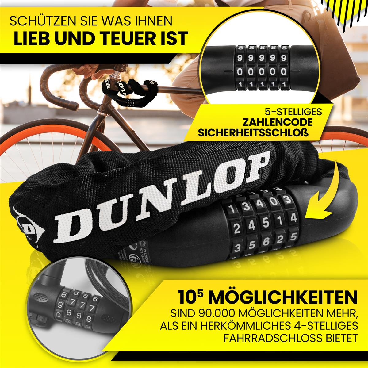 Werbung für ein schwarzes Dunlop Fahrradschloss mit 5-stelliger Zahlenkombination.