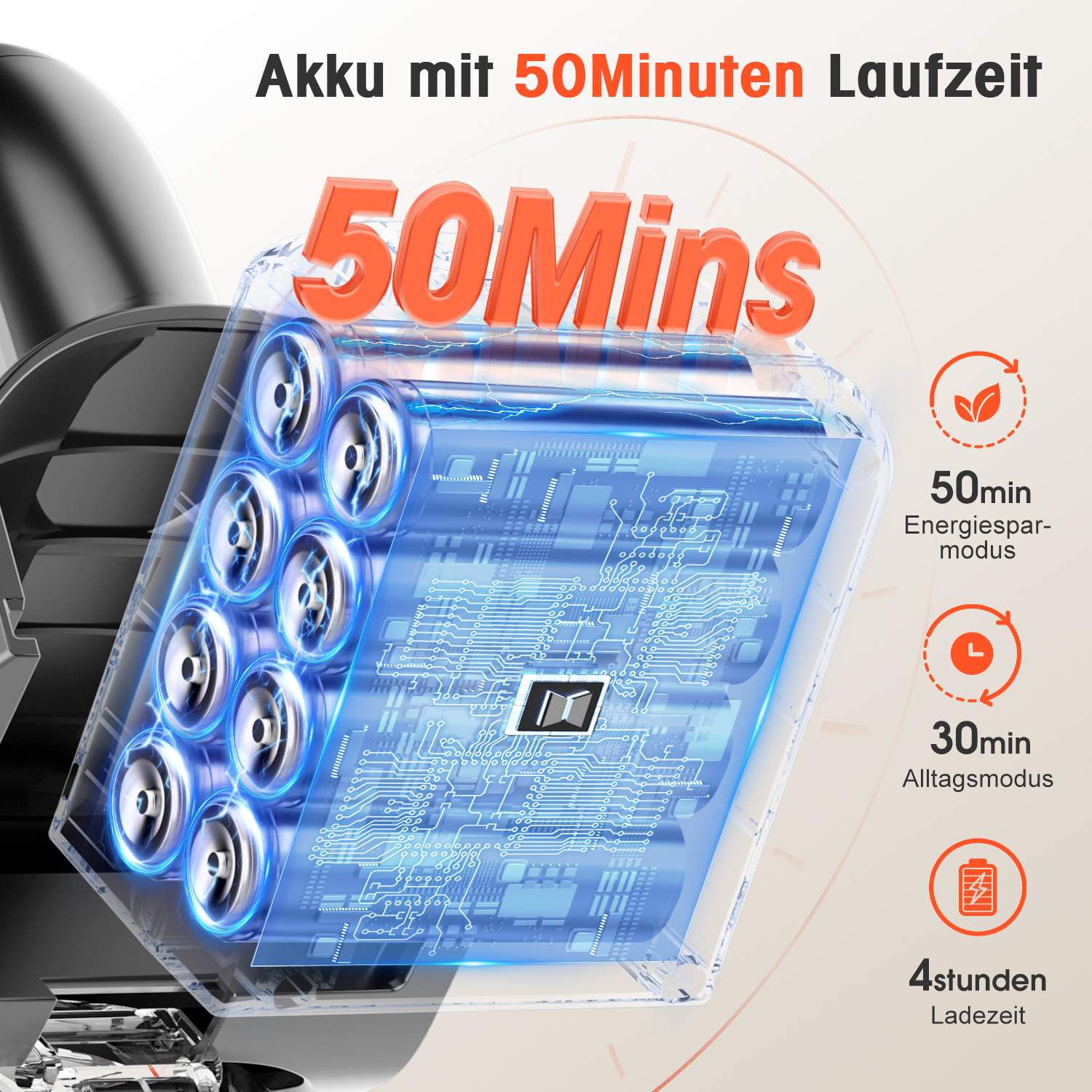 Transparente Batterie mit blauer Platine und runden Zellen zeigt 50 Minuten Laufzeit.
