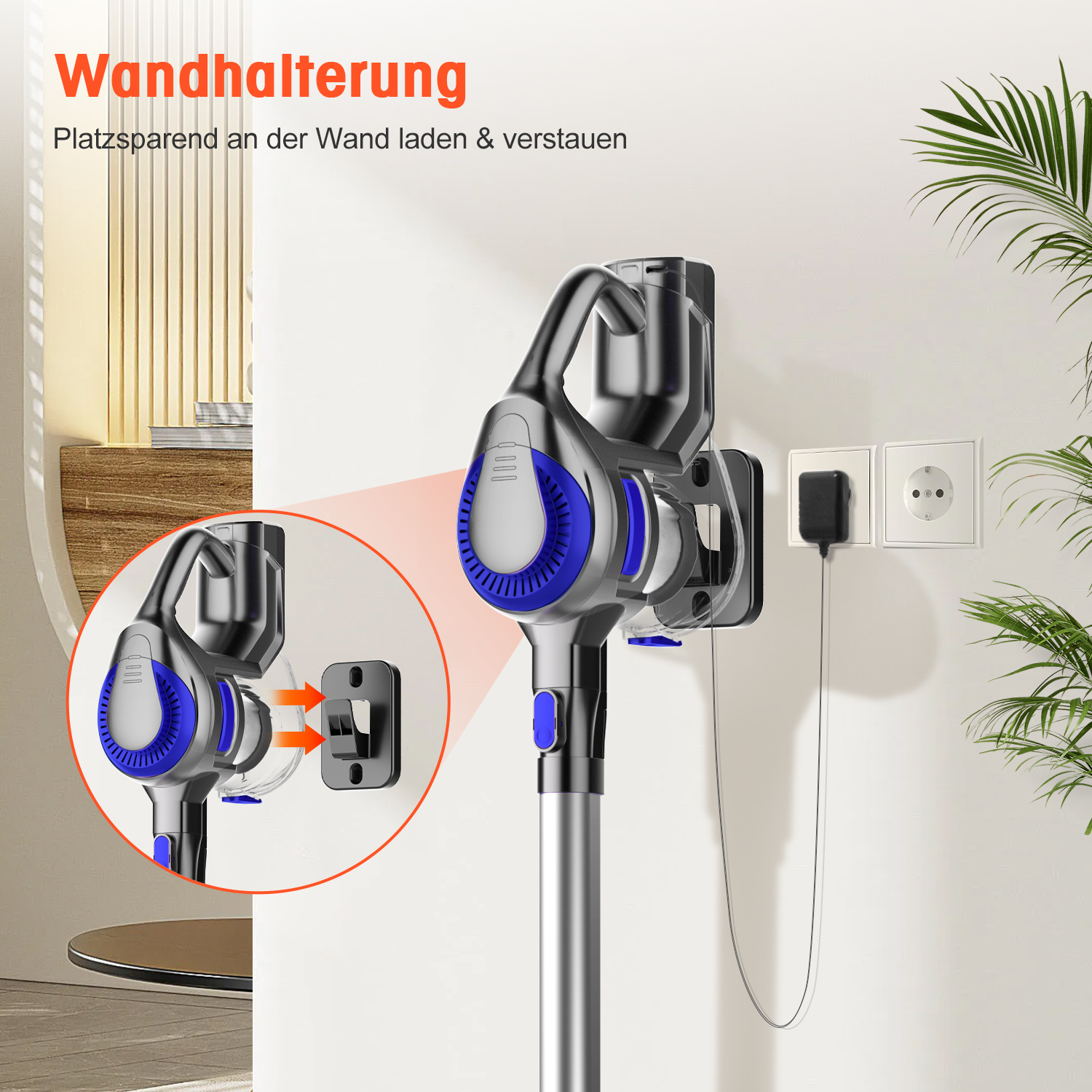 Ein kabelloser Staubsauger hängt an einer Wandhalterung und wird in einer Nahaufnahme mit einer Steckdose verbunden.