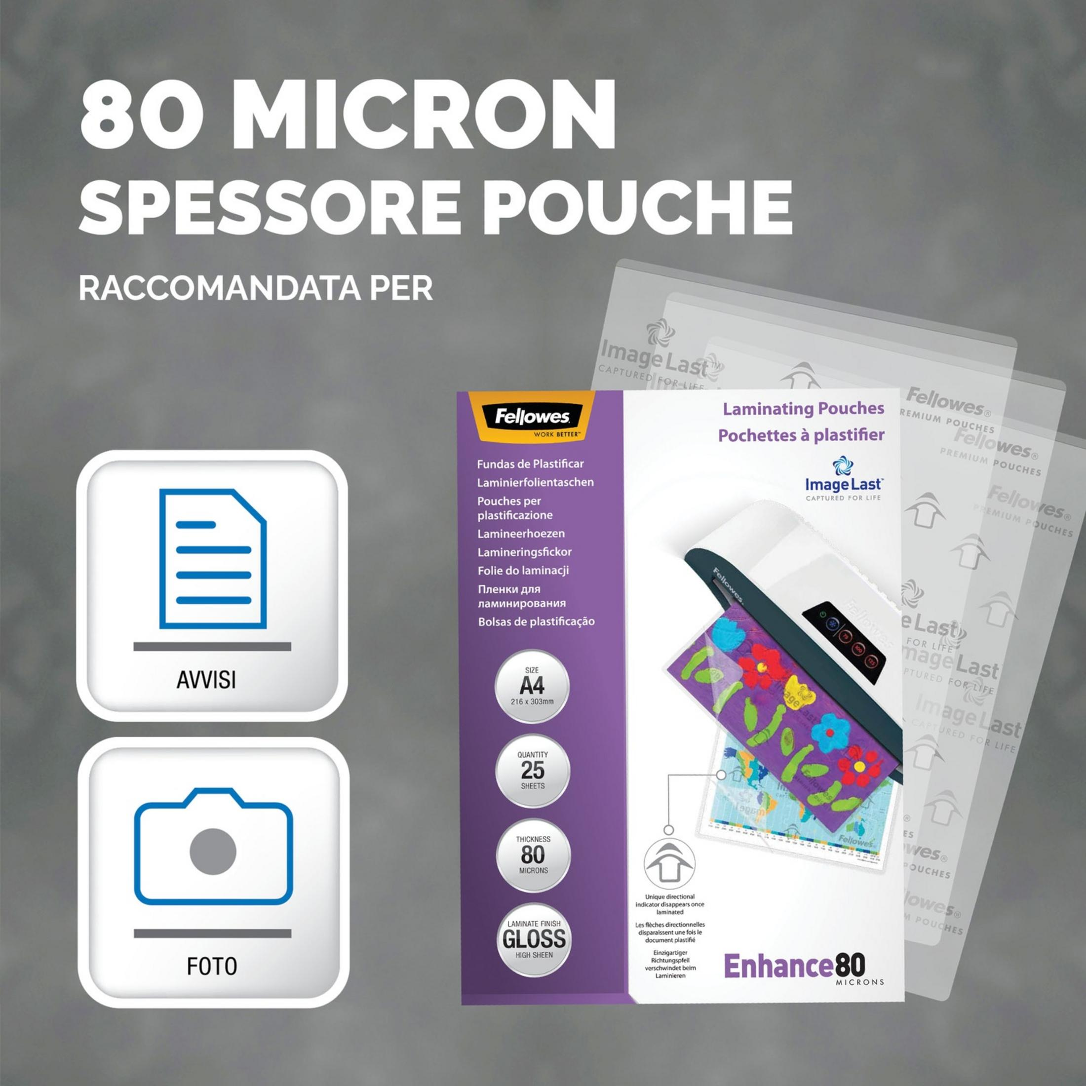 Fellowes 80-Mikron A4-Laminierfolienverpackung mit Text, Symbolen und transparenten Taschen.