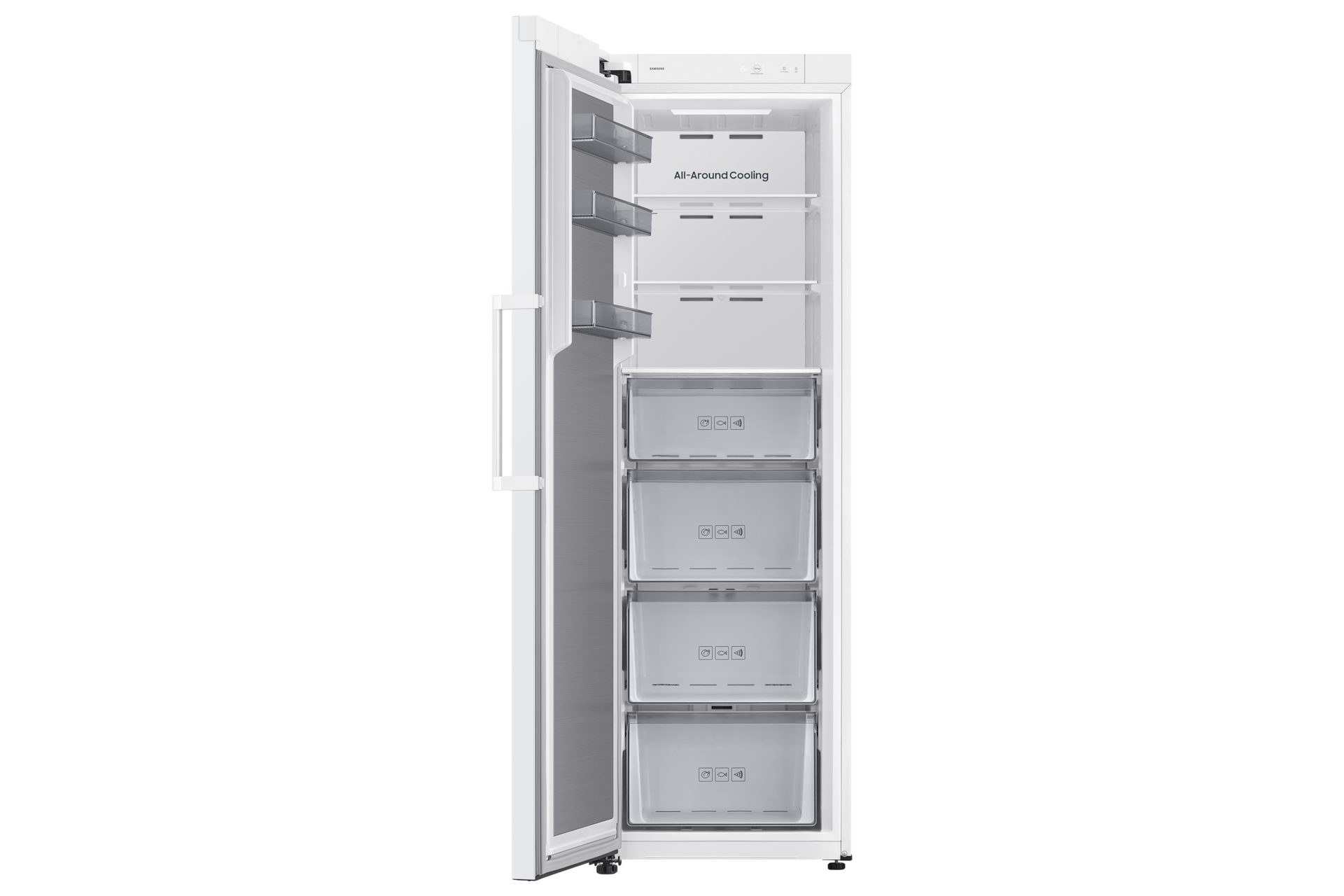 Ein offener weißer Kühlschrank mit All-Around Cooling-Technologie, mehreren Regalen und transparenten Schubladen unten.