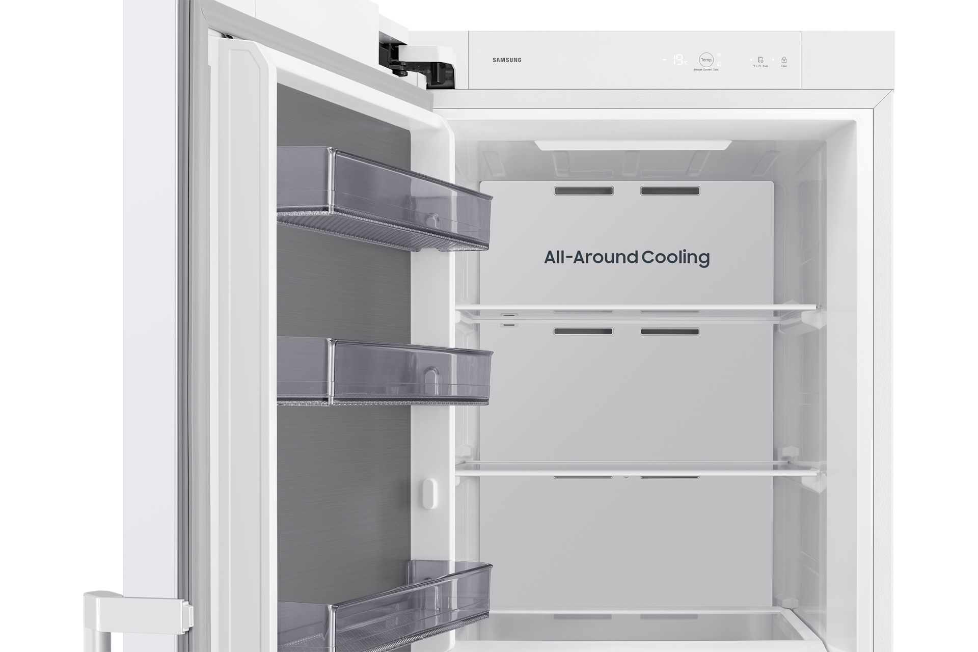 Offener weißer Samsung-Kühlschrank mit All-Around-Cooling-Technologie und transparenten Türfächern.