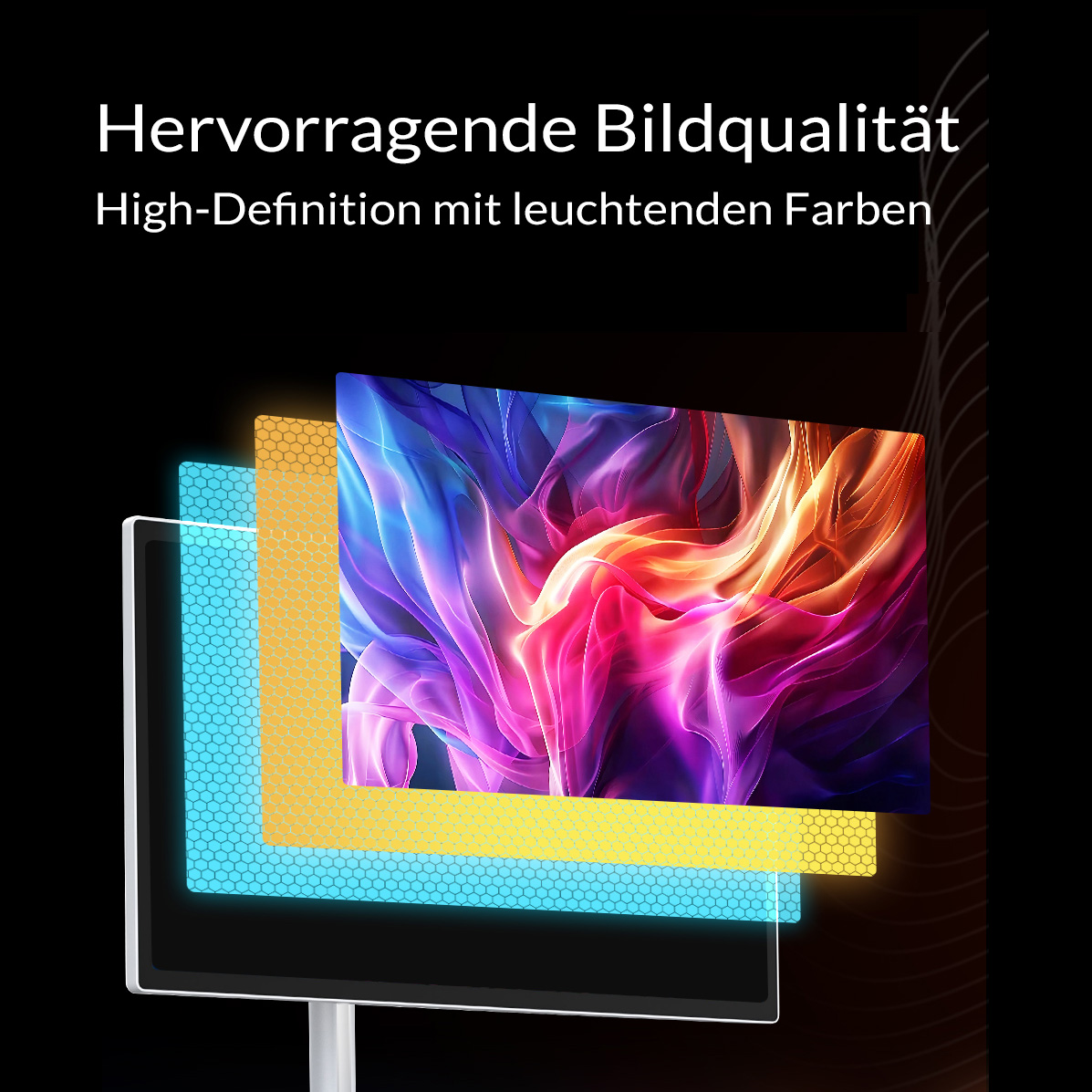Monitor mit mehrfarbigen Schichten und Text: Hervorragende Bildqualität.