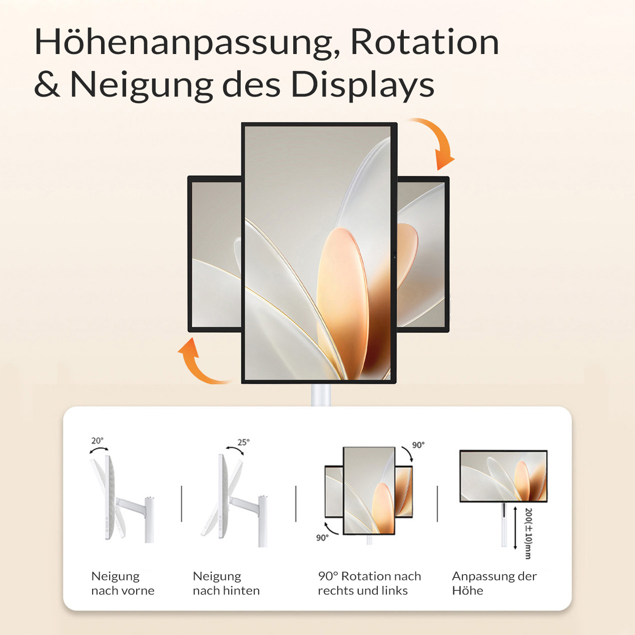 Diagramm zeigt Display-Anpassungen: Neigung, Rotation und Höhenverstellung mit Symbolen und Maßen.