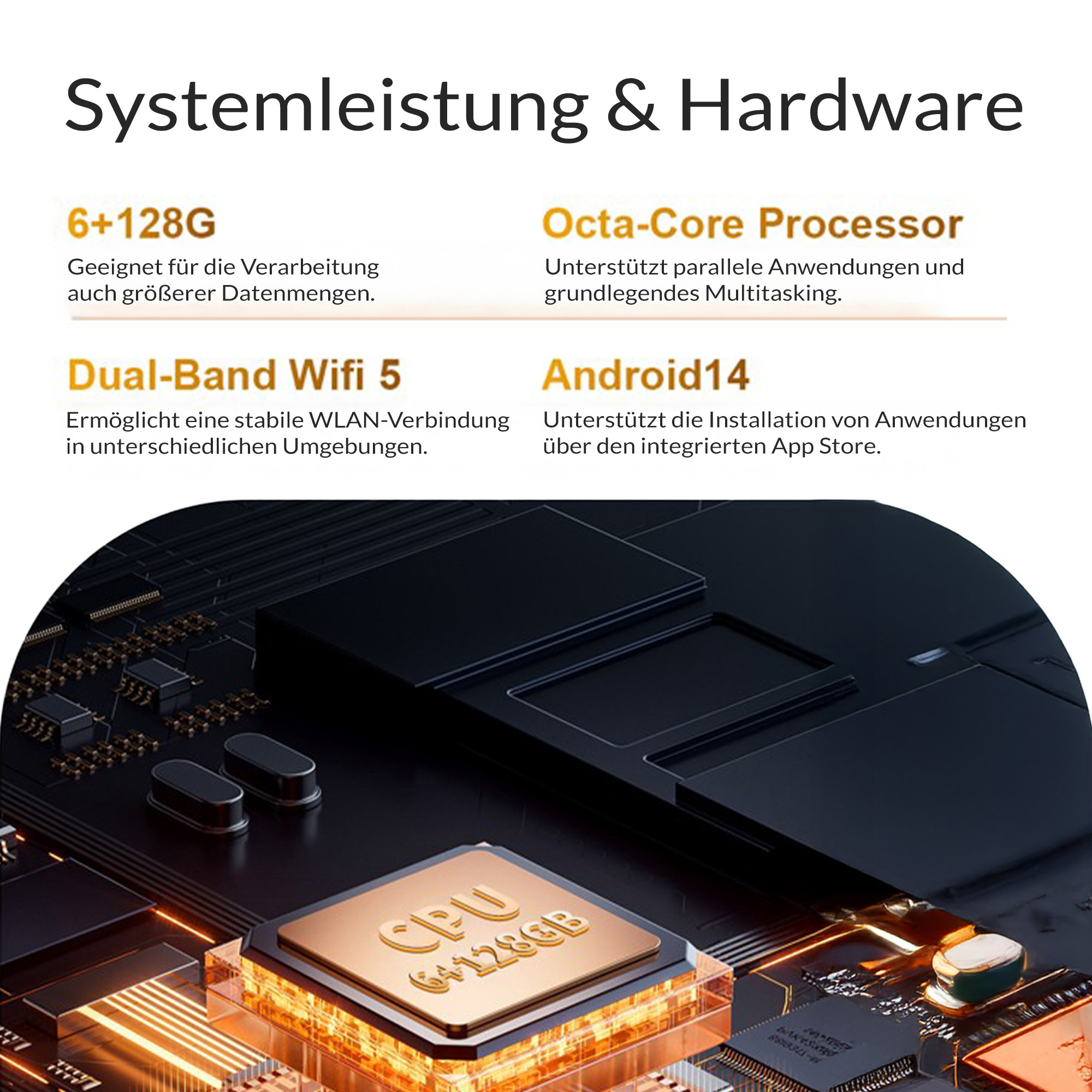 Technische Daten mit Hardware-Funktionen und einem Computerprozessor auf einer Platine.