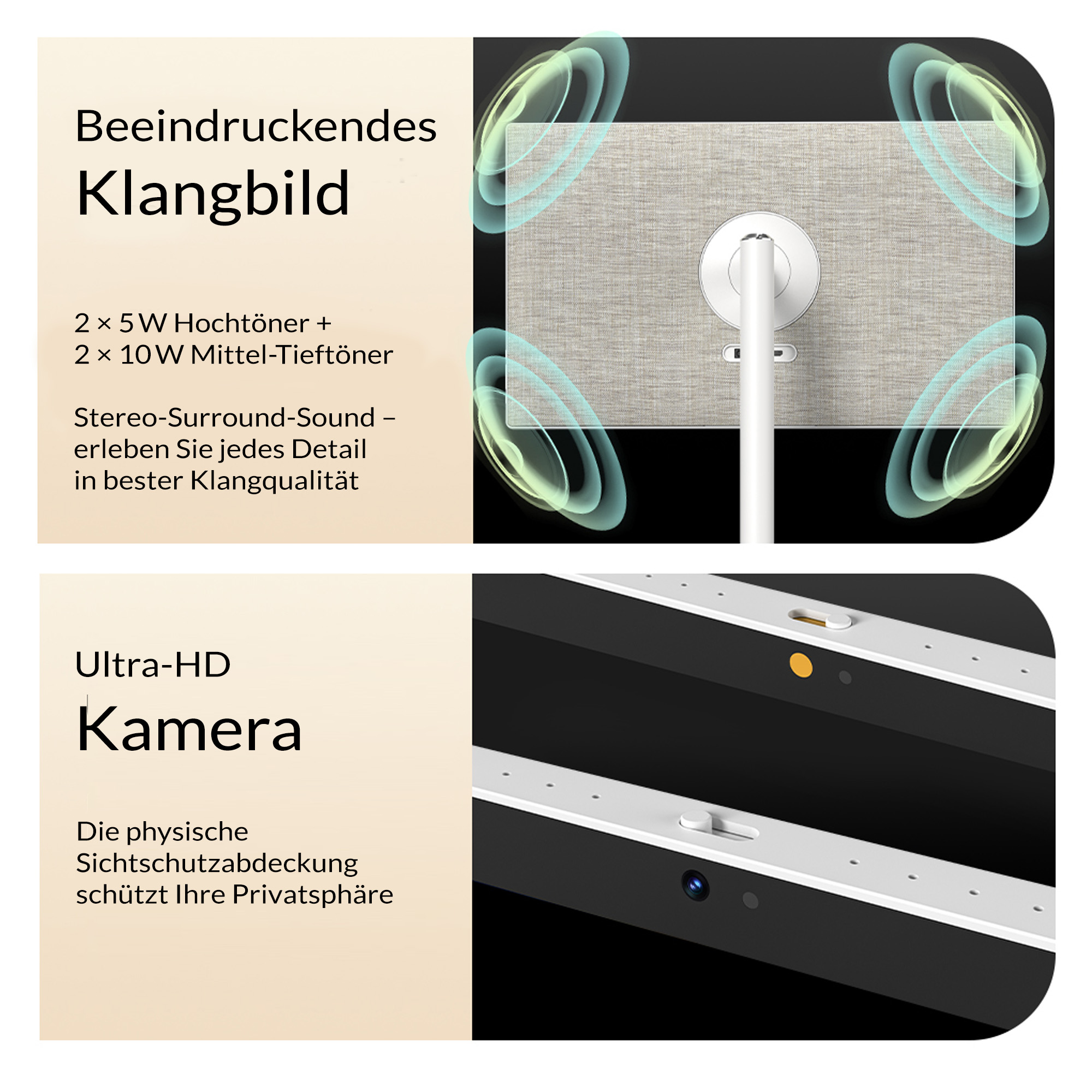 Display-Rückseite mit Lautsprechern und Kamera mit Sichtschutzschieber.