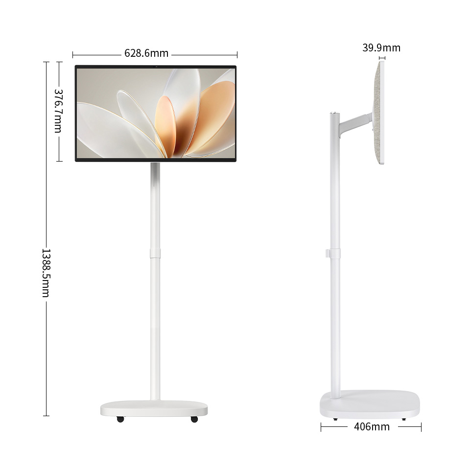 Technische Zeichnung eines weißen Displays auf einem Ständer mit Maßangaben in Millimetern.