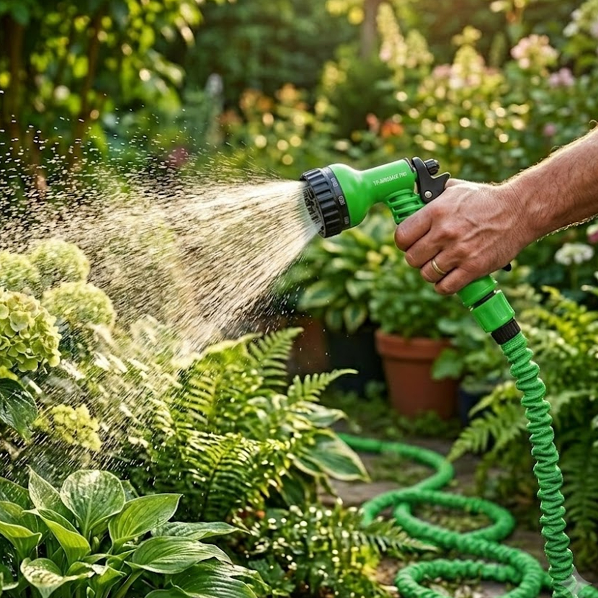 Eine Person hält eine grüne Gartenschlauchdüse und besprüht grüne Pflanzen in einem sonnigen Garten.