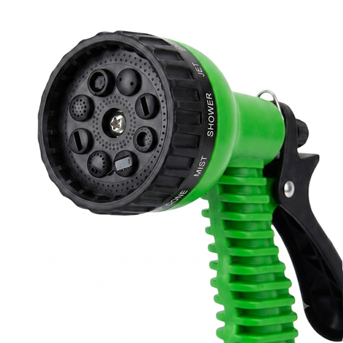 Eine grüne und schwarze Gartenspritzpistole mit verstellbarem Sprühkopf für Strahl, Dusche und Nebel.