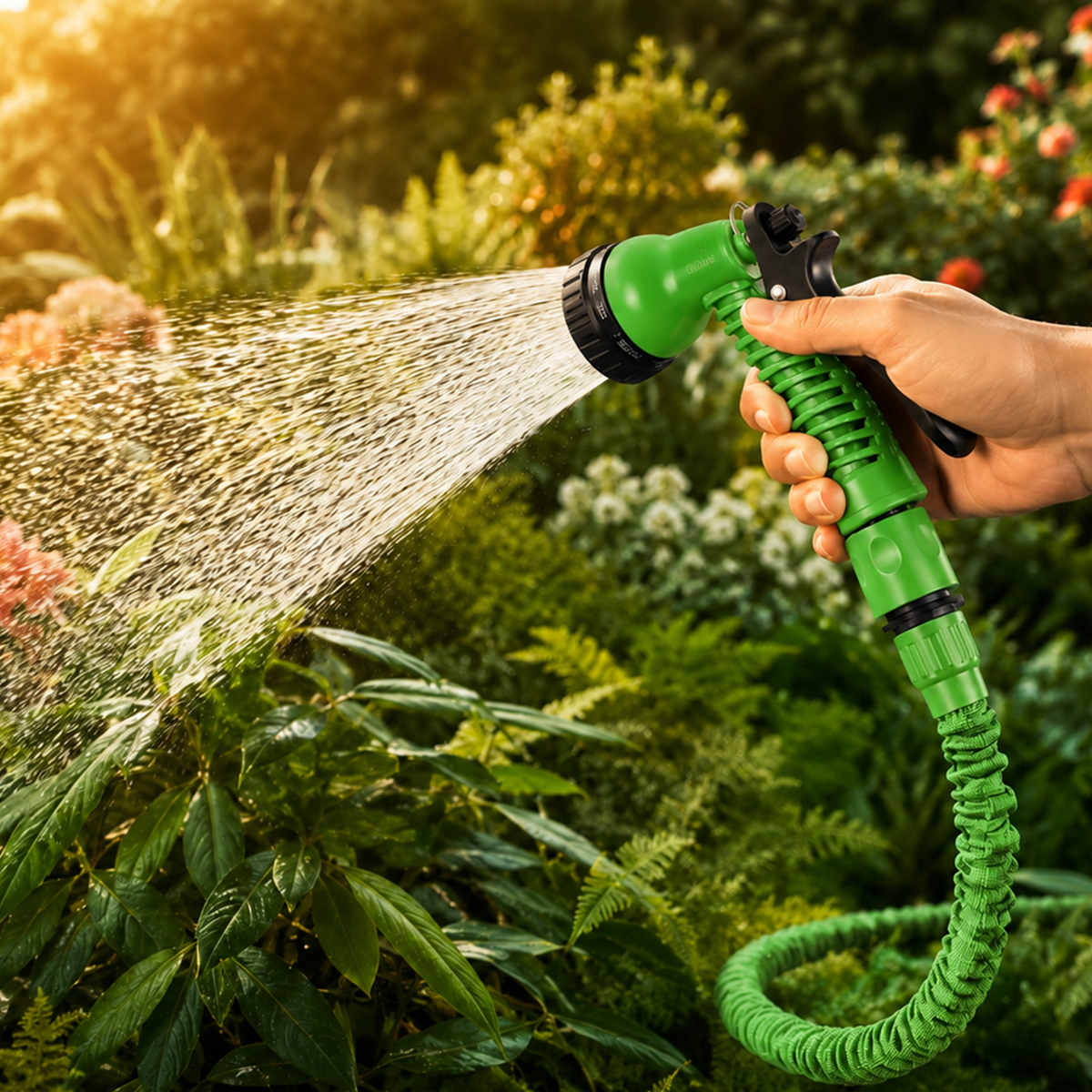Eine Hand hält eine grüne Gartenspritze und besprüht üppige Pflanzen in einem sonnigen Garten.