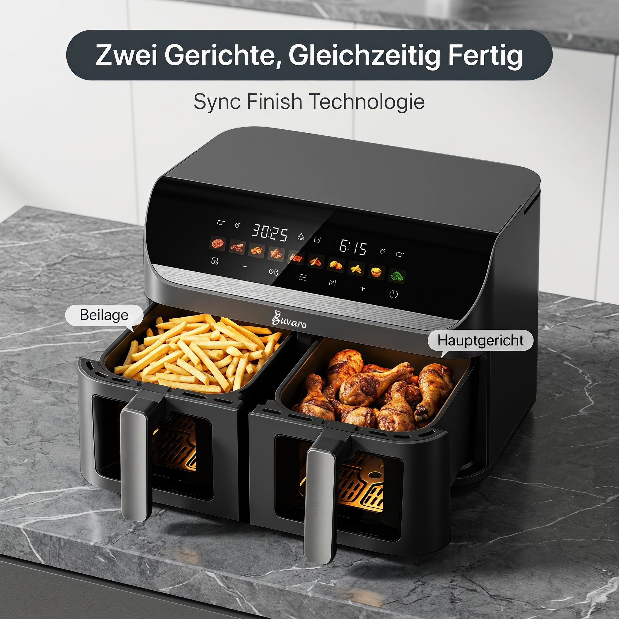 Doppel-Heißluftfritteuse mit Pommes in einem Korb und Hähnchenkeulen im anderen auf einer Marmorarbeitsplatte.