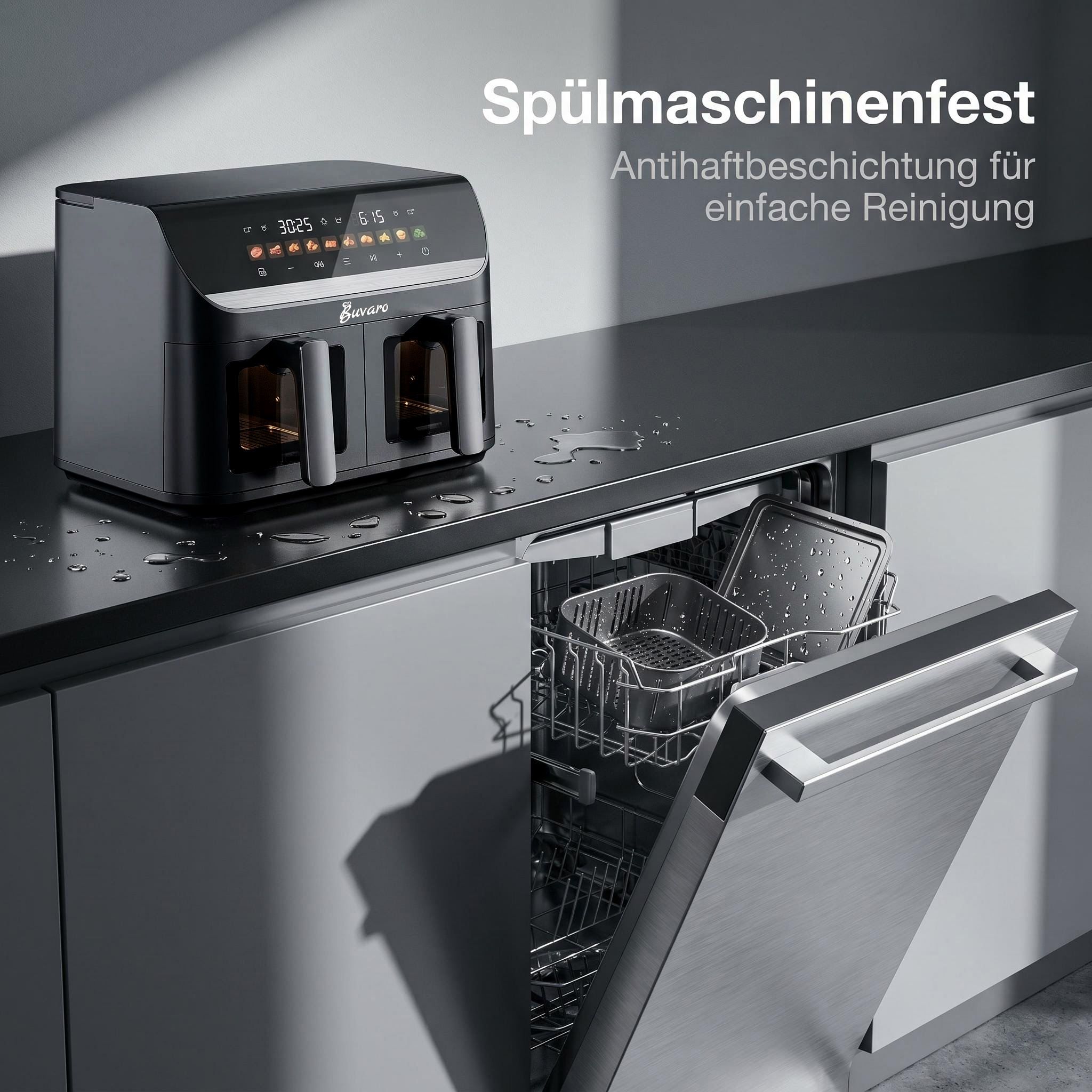 Schwarze Heißluftfritteuse auf einer Küchentheke neben einer offenen Spülmaschine mit Körben.