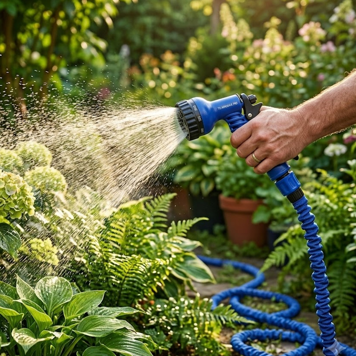 Person gießt grüne Pflanzen im Garten mit einer blauen Spritzpistole.
