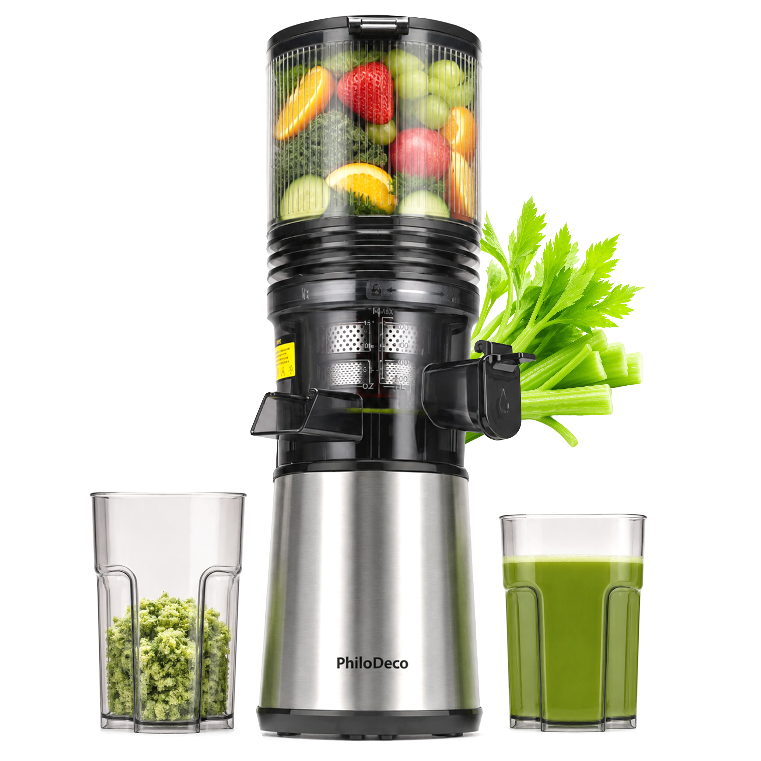Edelstahl-Entsafter mit Fruchtbehälter oben, Gemüseresten links und grünem Saft rechts.