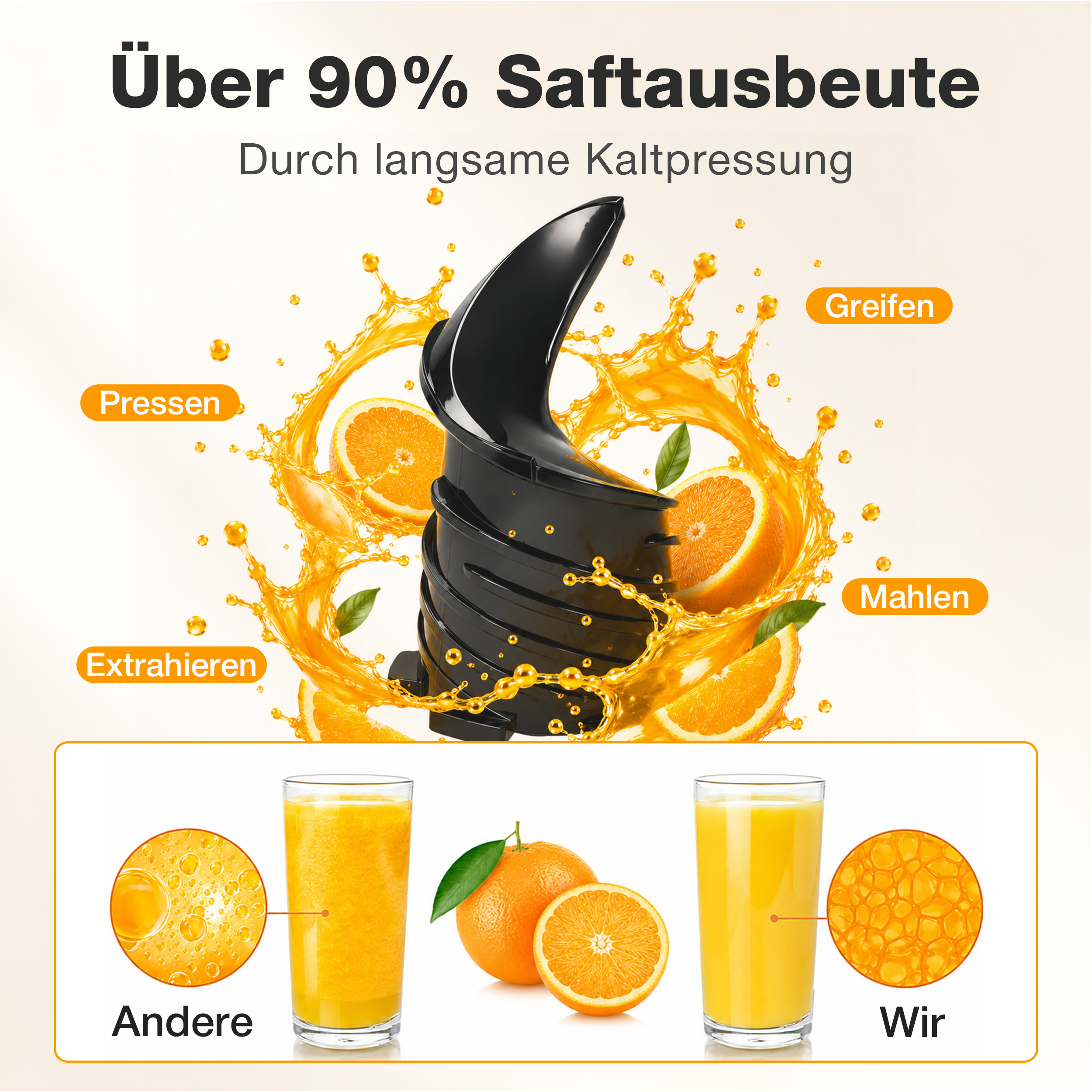 Slow juicer auger with orange juice splashes and comparison of two juice glasses.