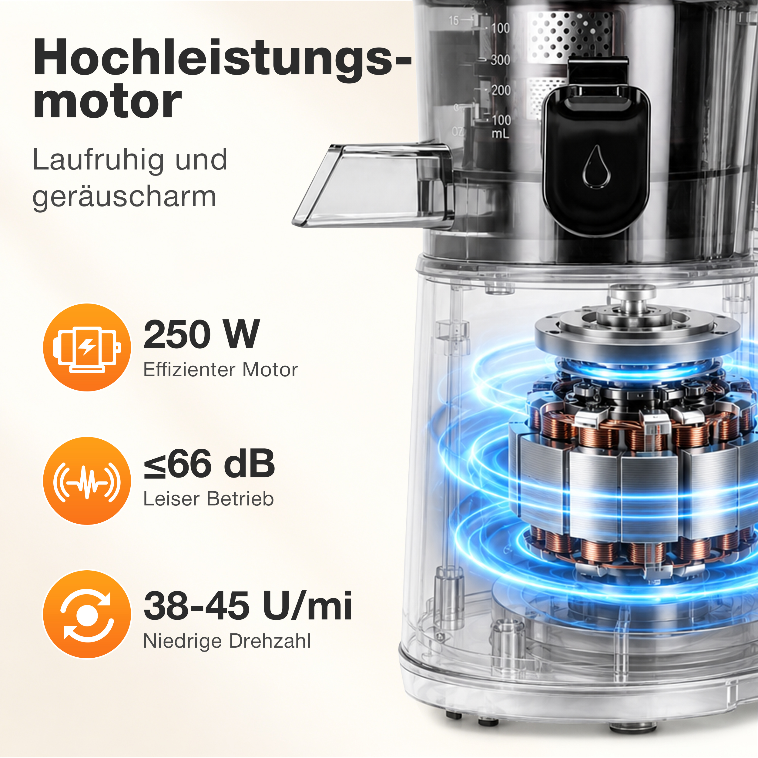Transkribiertes Bild zeigt den starken 250W Motor eines Juicers mit 66 dB und 38-45 U/min.