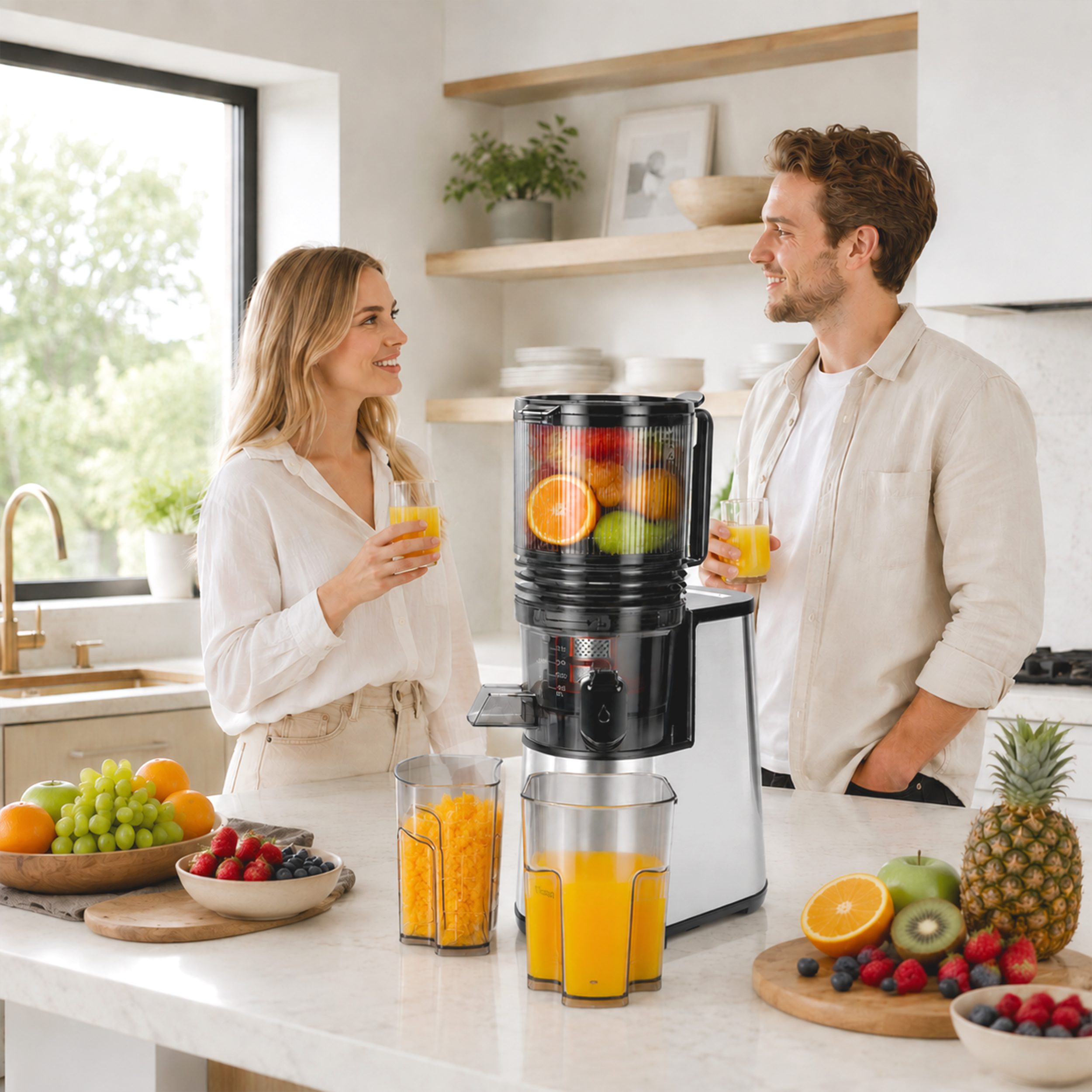 Ein Paar lächelt in einer Küche neben einem Juicer voller frischem Obst und Saftgläsern.