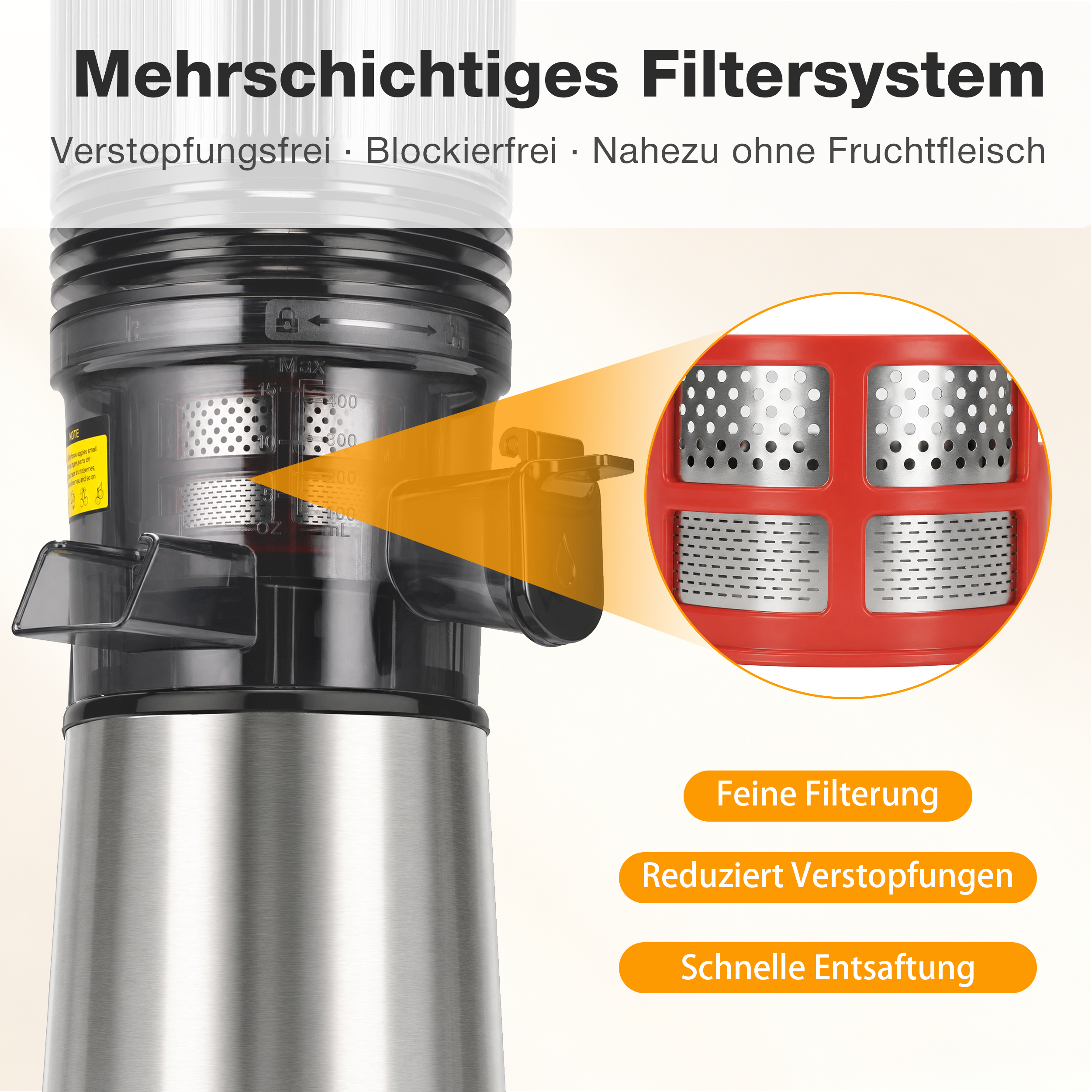 Mehrschichtiges Filtersystem einer Entsafterin, mit vergrößertem rotem Filter für feine Filterung.