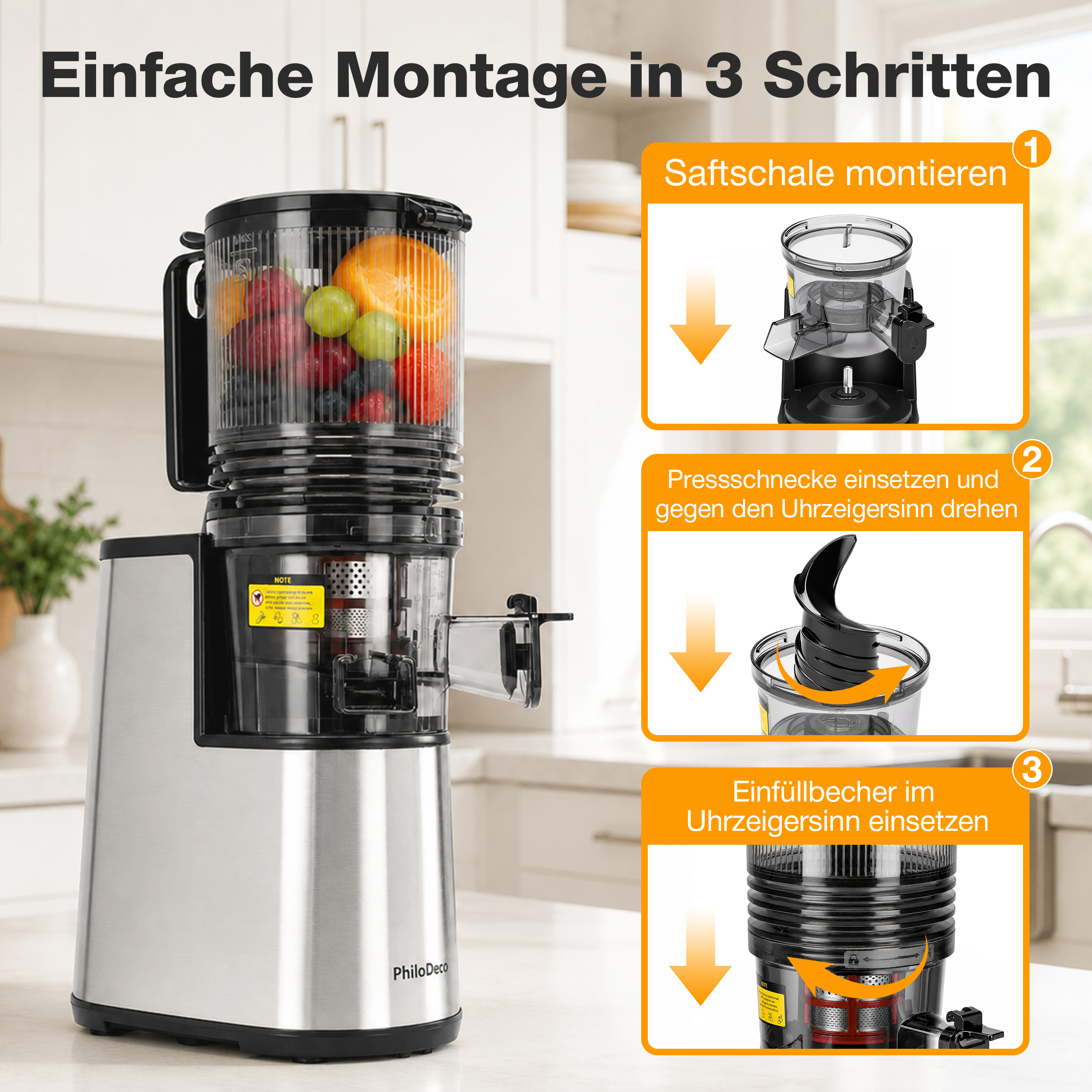 Infografik zur einfachen Montage eines Entsafters in drei Schritten mit Bildern auf weißem Hintergrund.