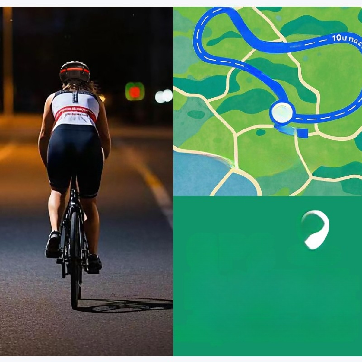 Eine Radfahrerin fährt nachts auf einer Straße, daneben eine digitale Karte mit einer blauen Route und ein grünes Feld.