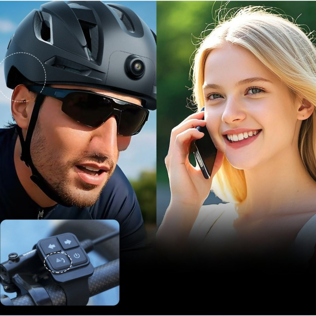 Ein Radfahrer mit Helm und Brille, eine lächelnde Frau am Telefon und eine Lenkerfernbedienung.