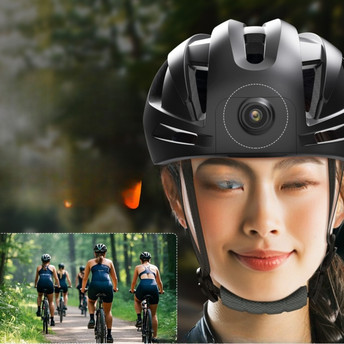 Eine Frau mit einem schwarzen Smart-Fahrradhelm mit integrierter Kamera und einem Bildausschnitt von Radfahrern.