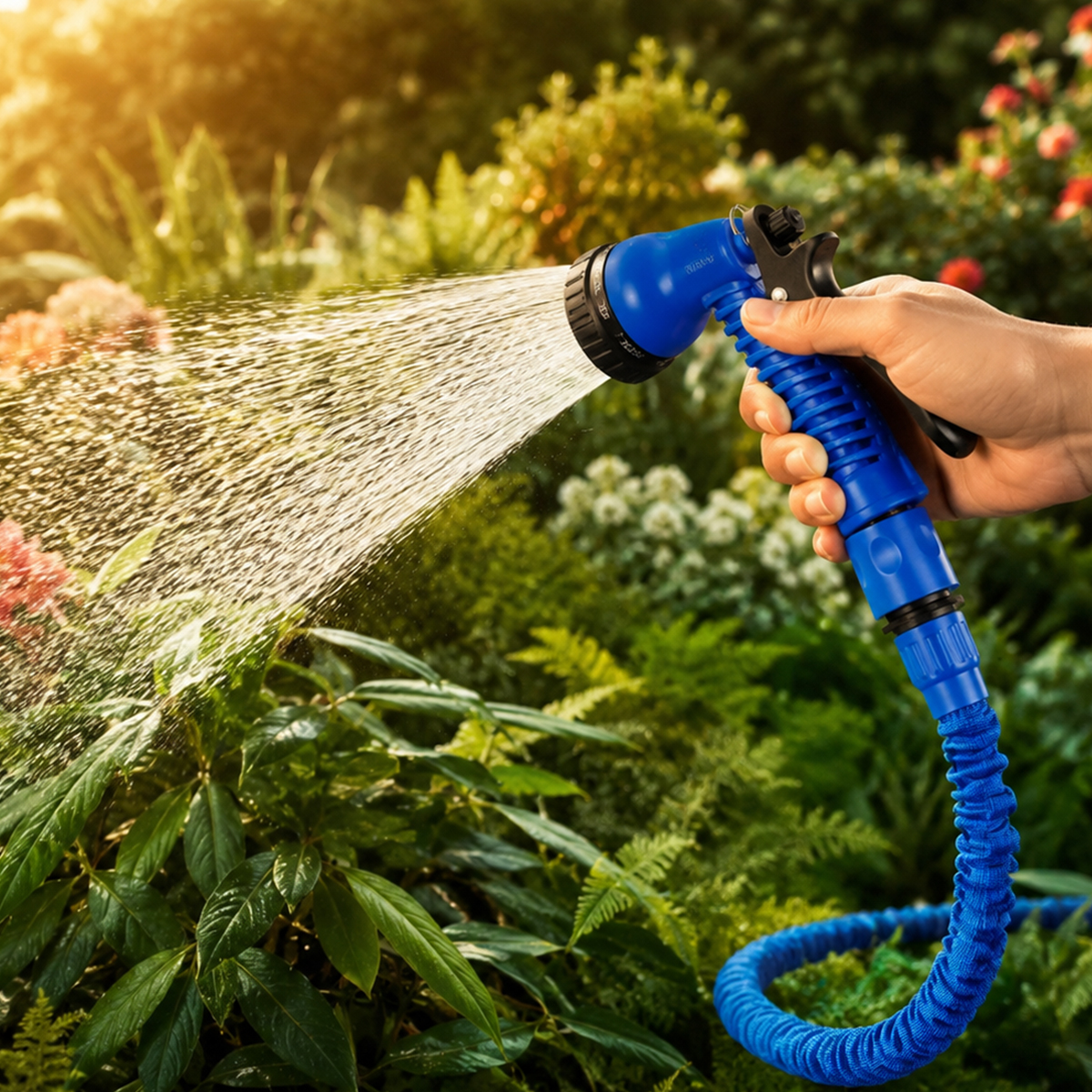 Eine Hand hält eine blaue Gartenspritze und bewässert Pflanzen bei Sonnenlicht.