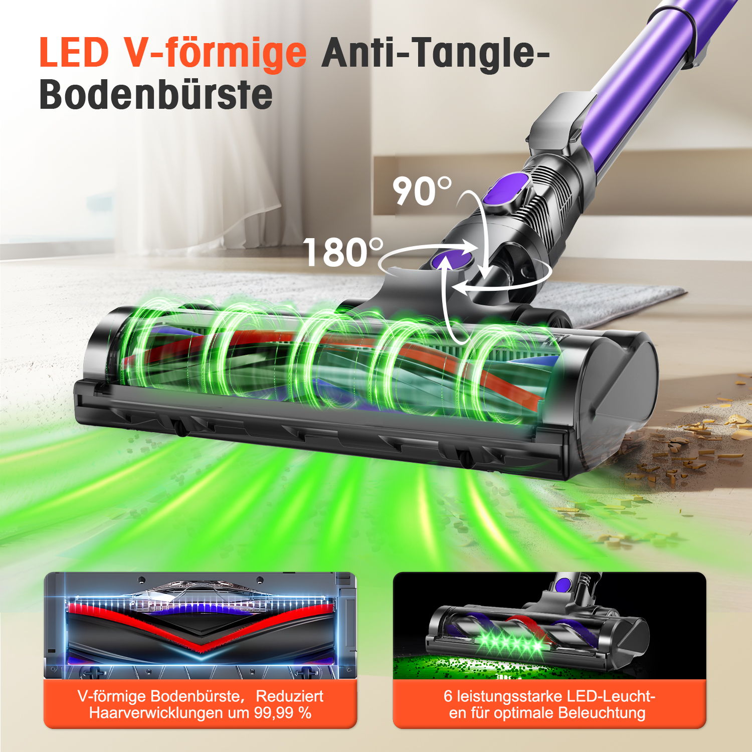 LED-V-Bürste eines Staubsaugers mit 180-Grad-Drehung und grünen Lichtstrahlen auf dem Boden.