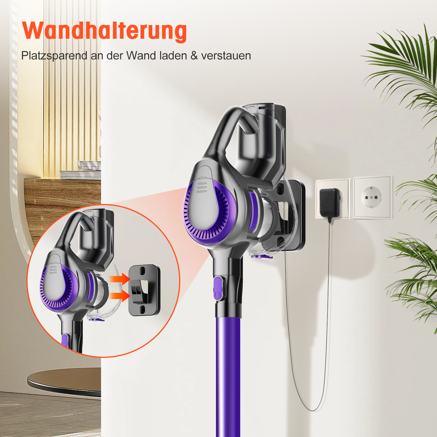 Ein violetter Akustaubsauger hängt an einer Wandhalterung und wird an einer Steckdose geladen.