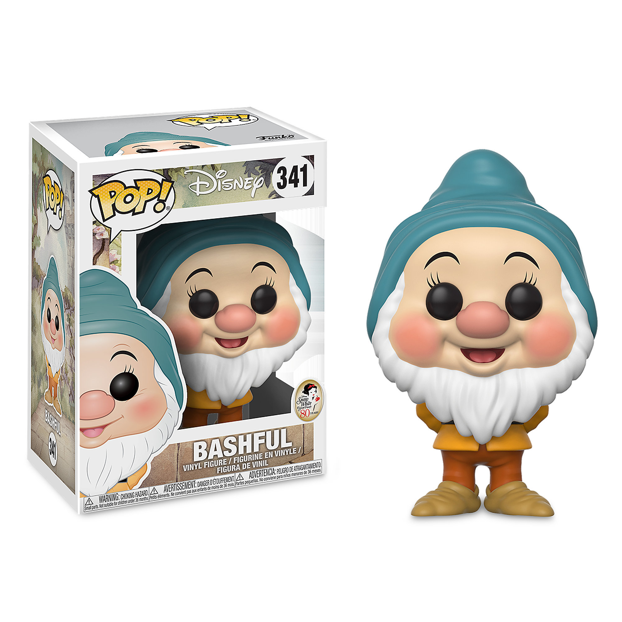 Funko Pop Vergnügt Vinylfigur mit blauem Hut, weißem Bart und orangem Outfit neben ihrer illustrierten Verpackung.