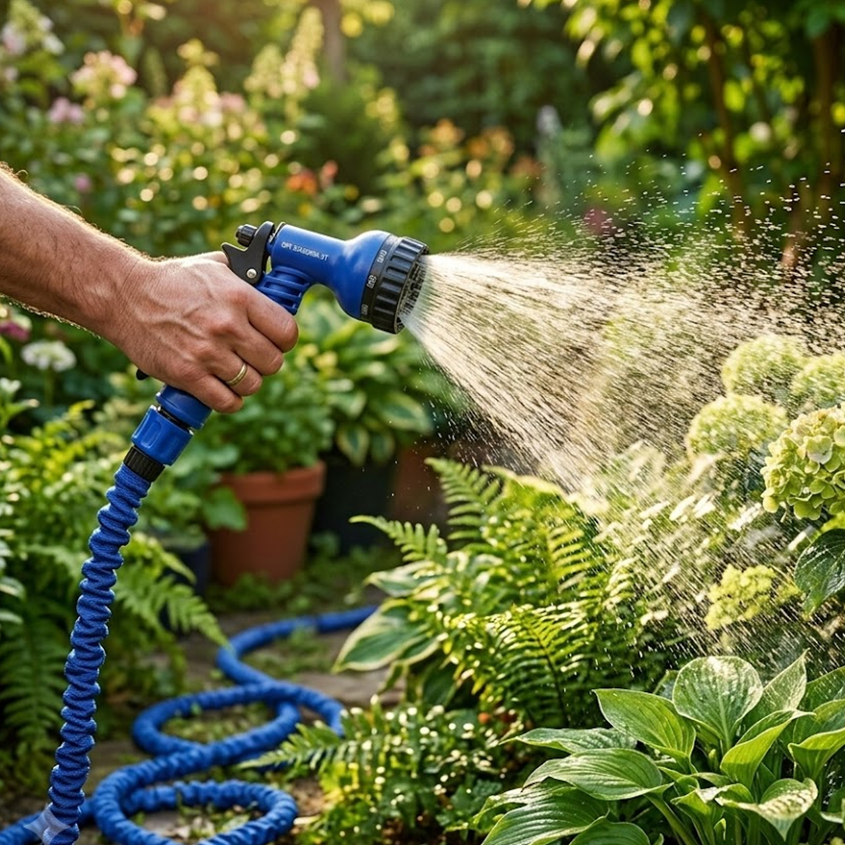 Eine Hand hält eine blaue Gartenspritze, die grüne Pflanzen in einem sonnigen Garten bewässert.