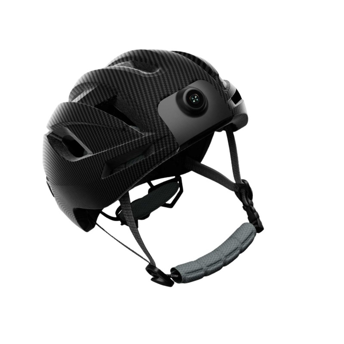 Ein schwarzer Carbon-Fahrradhelm mit Frontkamera vor weißem Hintergrund.