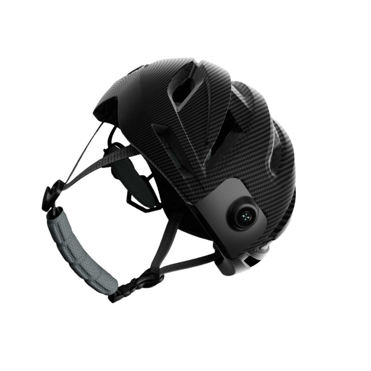 Ein schwarzer Carbon-Sporthelm mit integrierter Frontkamera und verstellbarem Kinnriemen, isoliert vor weißem Hintergrund.