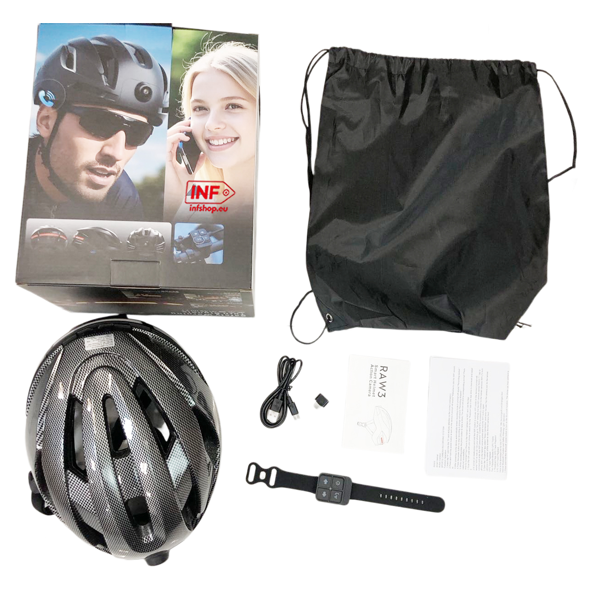 Fahrradhelm mit Kamera, Tasche, Fernbedienung, Kabel und Handbuch in Box.