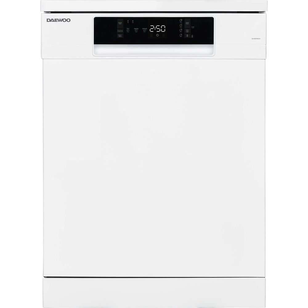 Un lave-vaisselle blanc Daewoo avec un panneau de commande noir et un écran numérique.