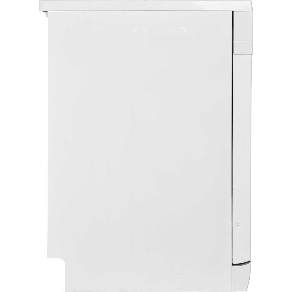 Vue latérale d'un lave-linge blanc sur fond blanc.