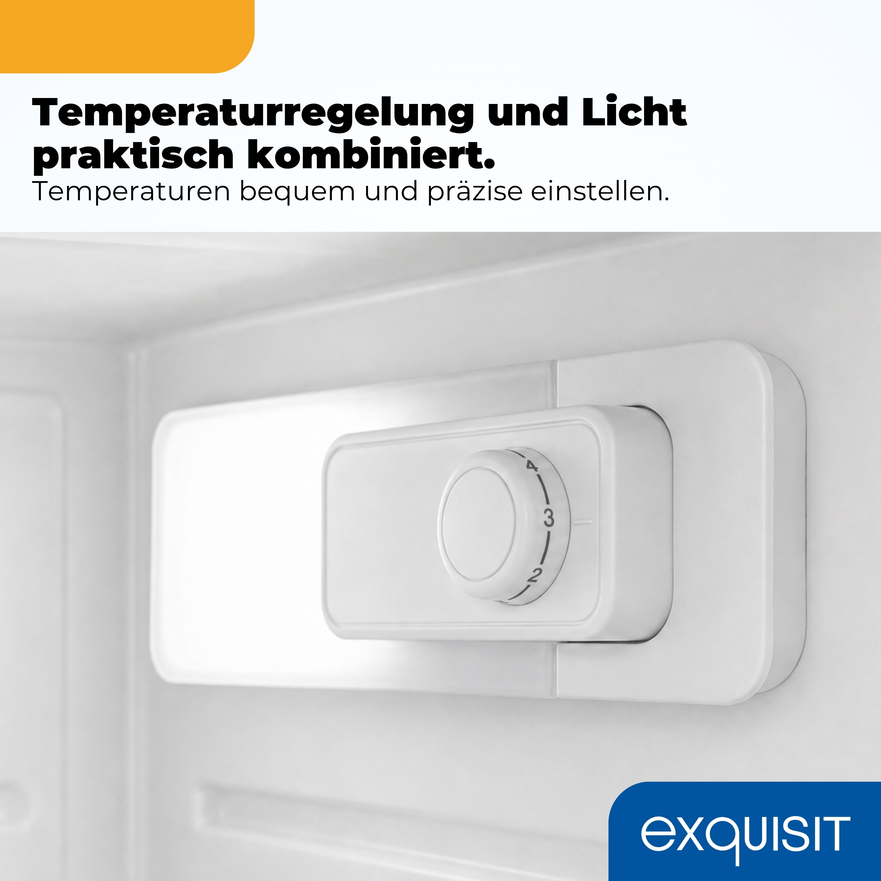 Ein weißer Temperaturregler mit Zahlen im Kühlschrank, kombiniert mit einer Beleuchtung.