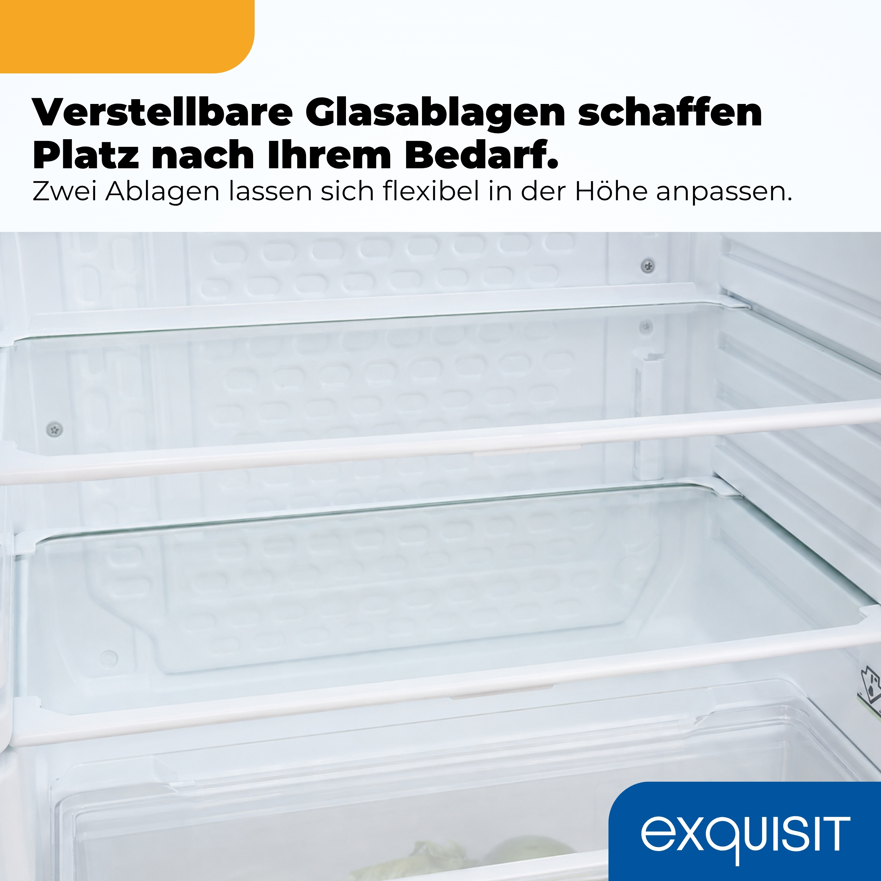 Das Innere eines weißen Kühlschranks mit verstellbaren Glasablagen und Text über dem Bild.