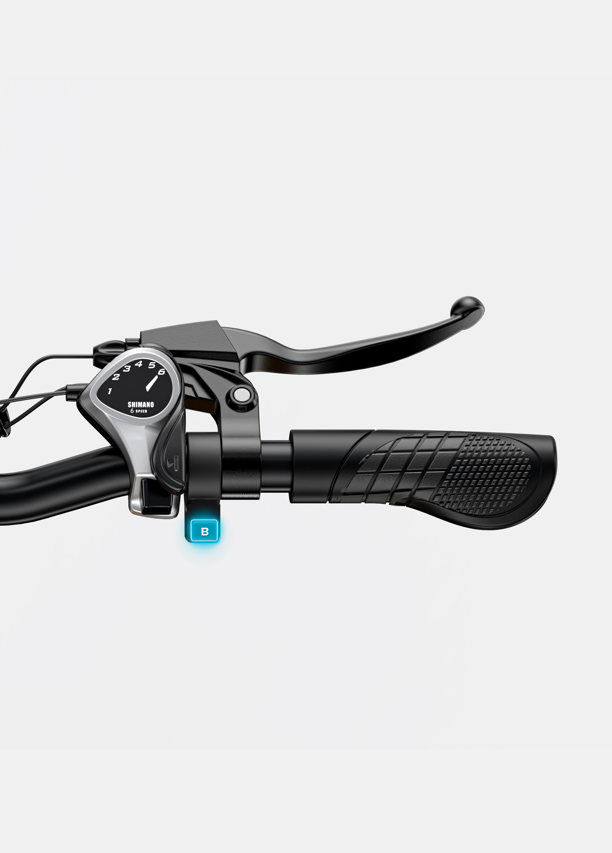 Manubrio di bicicletta nero con cambio Shimano a 6 velocità, leva del freno e pulsante blu evidenziato con B.