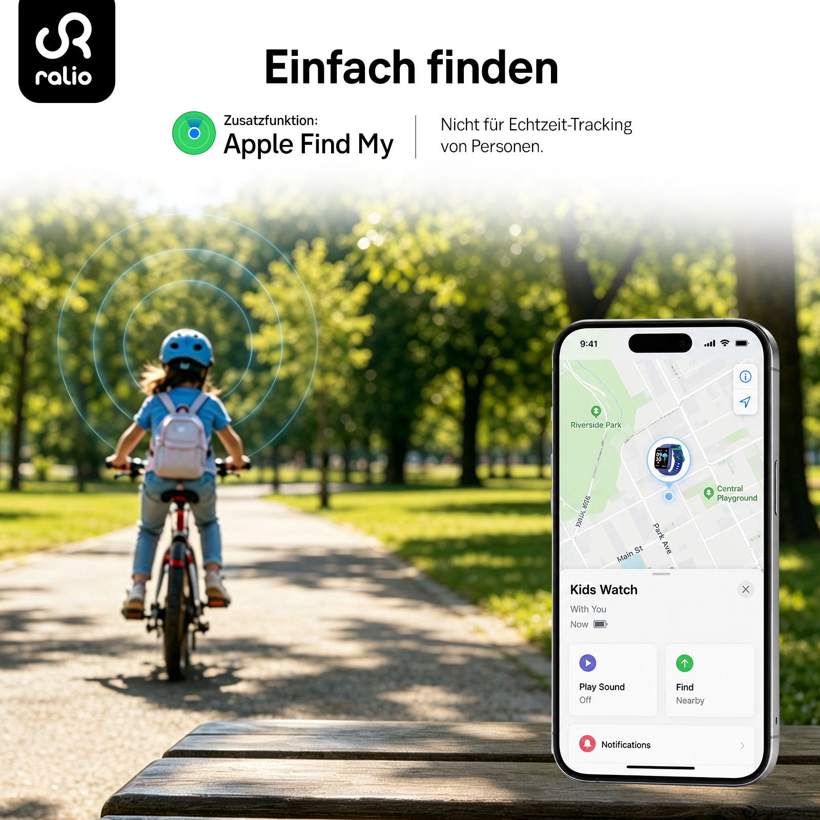 Ein Kind fährt Fahrrad im Park, während eine Handy-App mit Apple Find My den Standort anzeigt.