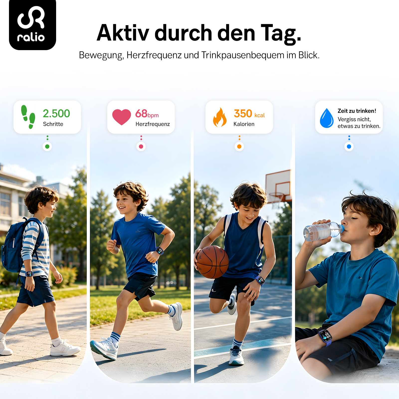 Ein Kind zeigt Fitnessaktivitäten wie Gehen, Laufen, Basketballspiel und Wassertrinken.