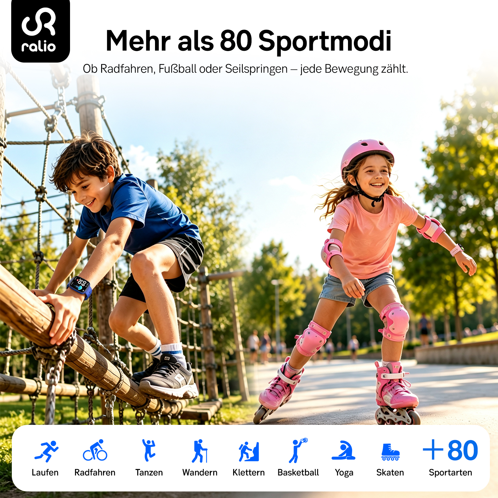 Ein Junge klettert auf einem Seilgerüst und ein Mädchen fährt Rollschuh, beide mit Sportuhren.