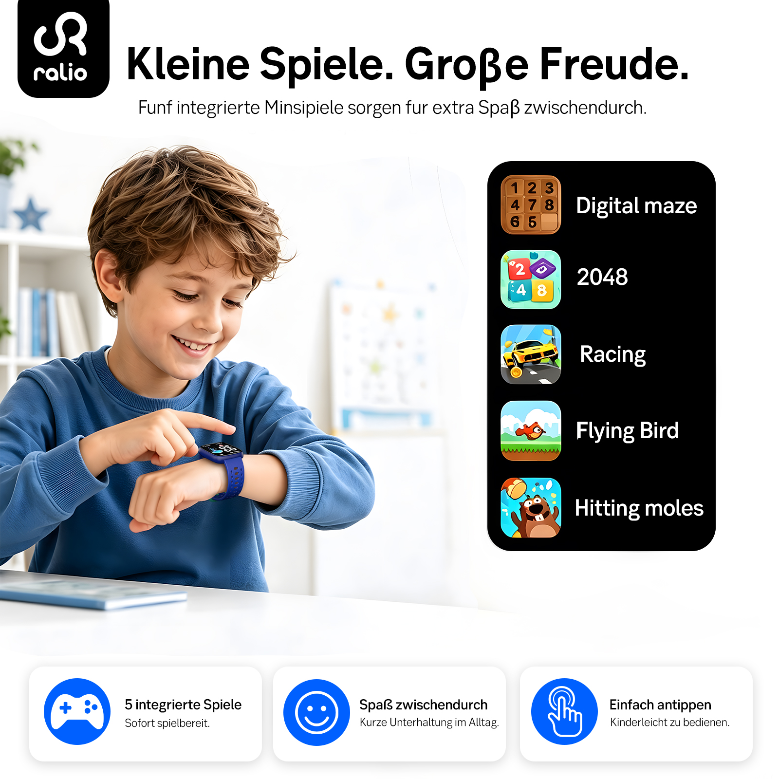 Ein Junge lächelt und bedient eine blaue Smartwatch, daneben sind fünf Minispiele aufgelistet.