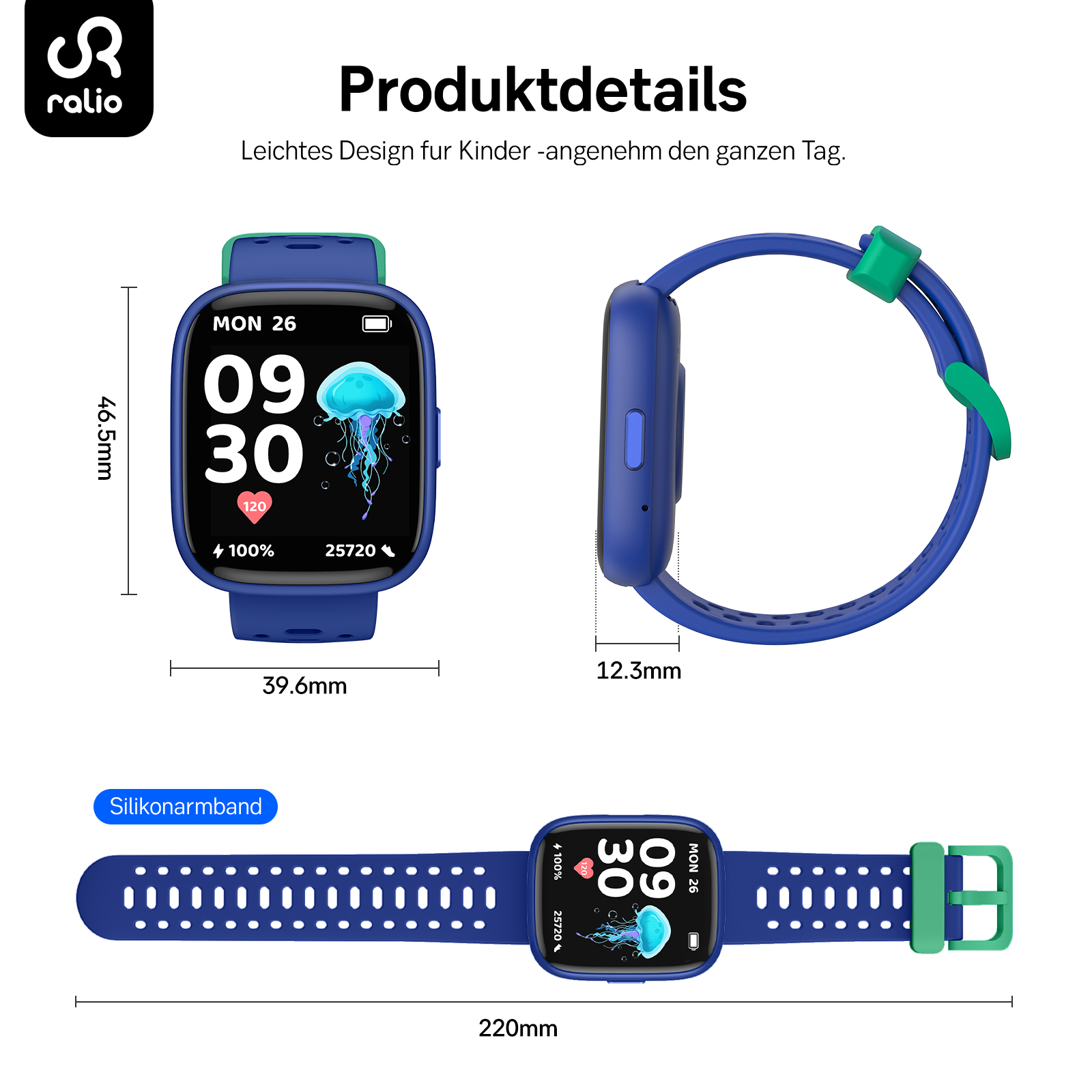 Blaue Kinder-Smartwatch mit Maßen, Jellyfish-Zifferblatt und Silikonarmband.