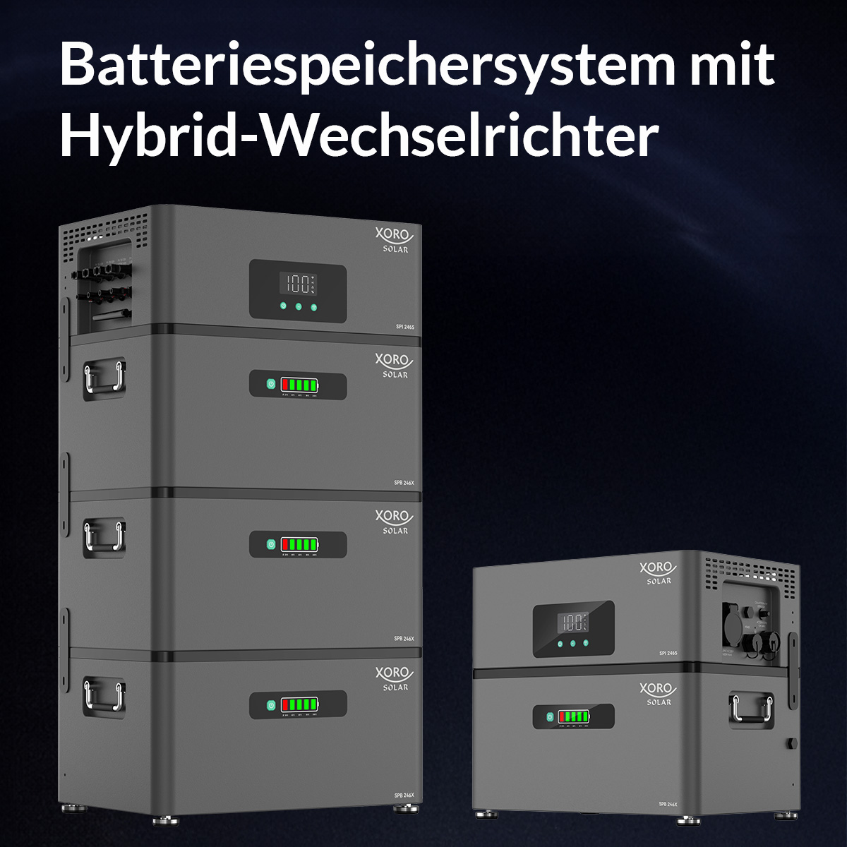 Zwei Xoro Solar Batteriespeichersysteme mit Digitalanzeige und Akku-Status auf dunklem Hintergrund.