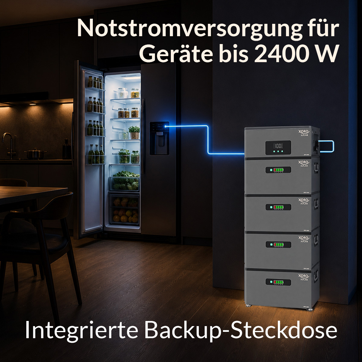 Stackable Xoro power station connected to a modern refrigerator in a dimly lit kitchen.