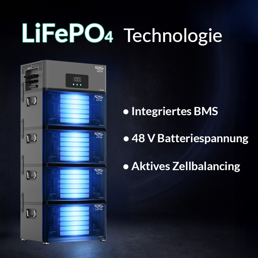 LiFePO4-Technologie: Stapelbarer Stromspeicher mit integriertem BMS, 48V und blauem Licht.